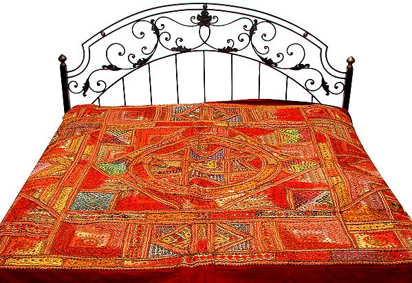 Chili Pepper Kutch Bedcover with All-Over Embroidery and Mirrors