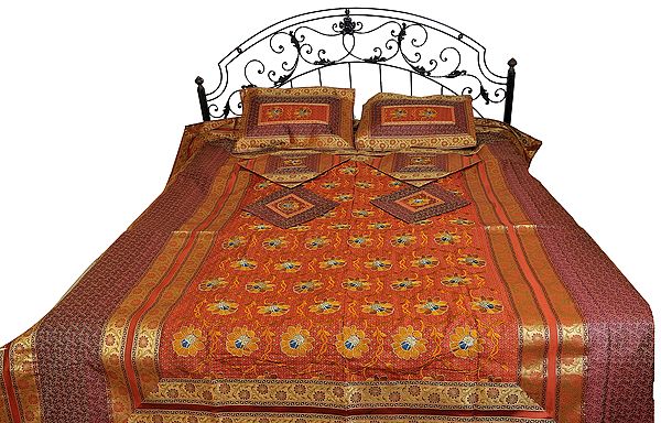 Chilli Pepper-Red Seven-Piece Banarasi Brocaded Bedspread with Embroidered Flowers