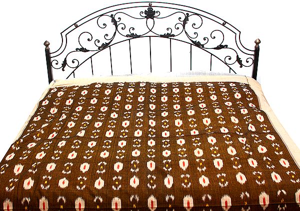 Chipmunk-Brown Bedspread with Ikat Weave Hand-Woven in Pochampally