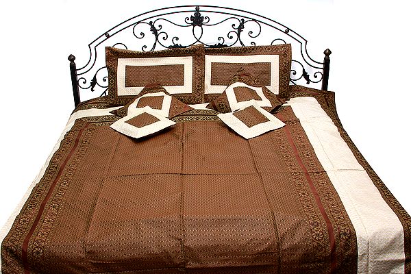 Choclate-Brown and Ivory Banarasi Bedspread with Woven Paisleys
