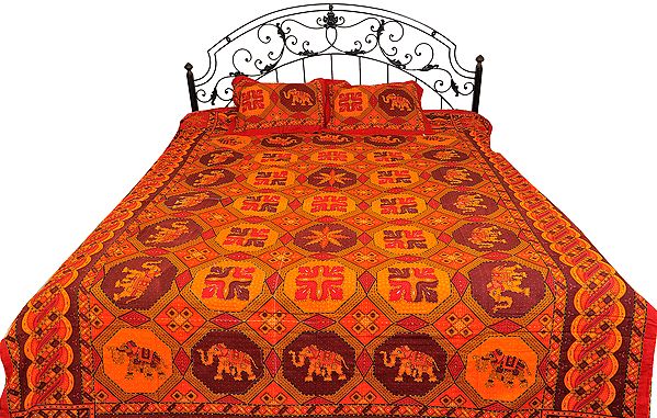 Clay-Red Bedspread from Sanganer with Kantha Stitch Embroidery and Printed Elephants