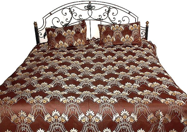 Coffee Brown Bedspread with All-Over Floral Weave