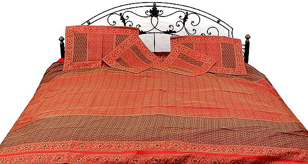 Coffee-Brown and Red Tanchoi Bedcover from Banaras with All-Over Weave
