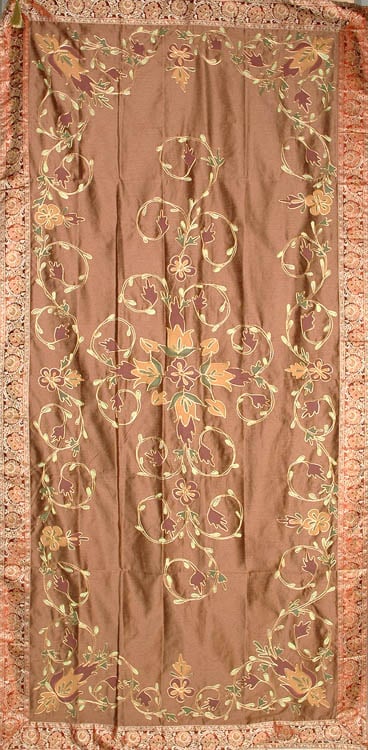 Coffee-Brown Floral Table Runner with Golden Thread Work