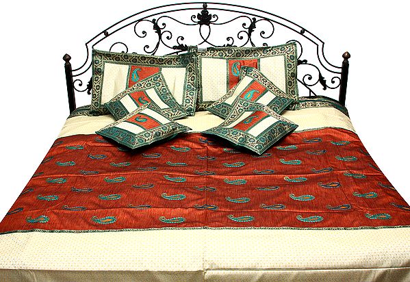 Copper and Ivory Banarasi Seven-Piece  Bedcover with Embroidered Paisleys and Woven Flowers
