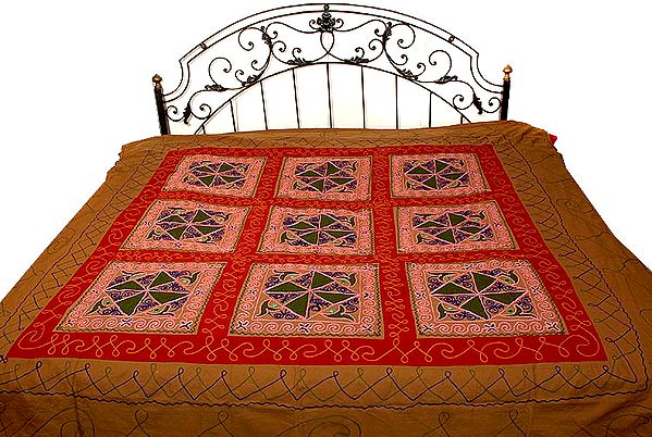 Copper Colored Gujarati Bedspread with Hand-Embroidery All-Over