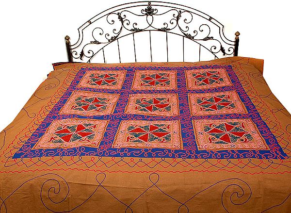 Copper-Colored Gujarati Bedspread with Hand-Embroidery All-Over