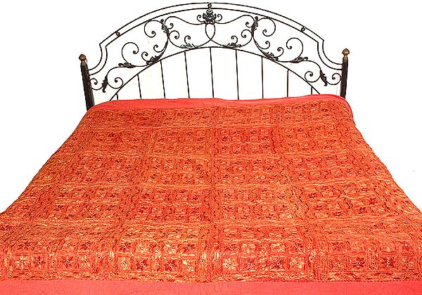 Coral Bedspread with Mirrors and Embroidery All-Over