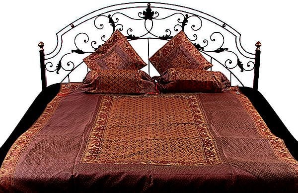 Cordovan and Rust Five-Piece Single-Bed Banarasi Bedcover with Tanchoi Weave