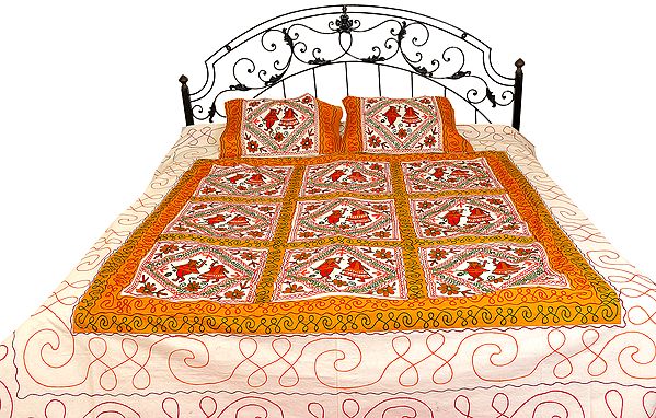 Cream and Brown Bedspread from Gujarat with Embroidered Dancing Couples