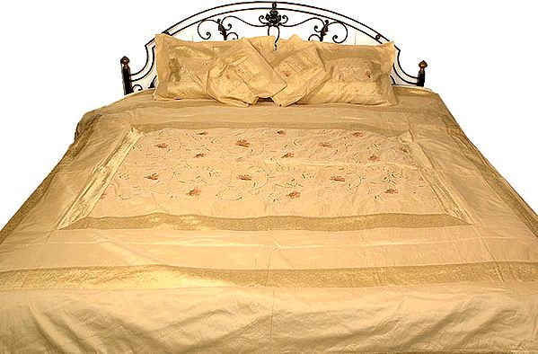 Cream Bedcover with All-Over Embroidered Flowers and Brocaded Border