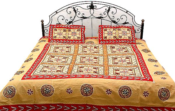 Cream Blue Gujarati Bedspread with Hand-Embroidery All-Over