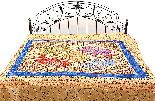 Cream Gujarati Bedspread with Appliqué Elephants and All-Over Embroidery