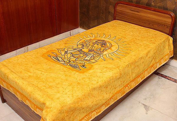 Daffodil-Yellow Batik Single-Bedspread with Seated Lord Ganesha