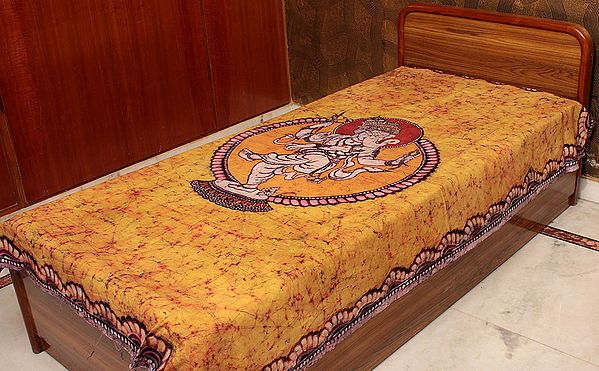 Dancing Ganesha on an Yellow Batik Single-Bed Bedspread