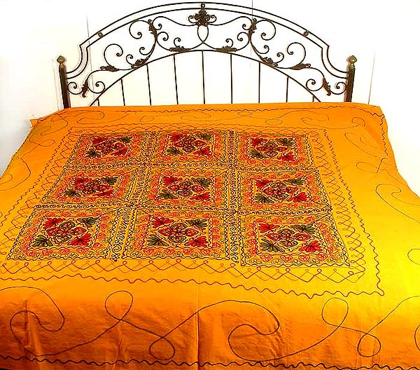 Dark Tangerine Gujarati Bedspread with Hand-Embroidery