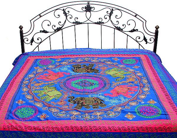 Dazzling-Blue Gujarati Bedspread with Appliqué Elephants and All-Over Embroidery