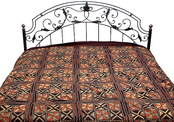 Deep Mahogany Bedcover with All-Over Embroidery by Hand