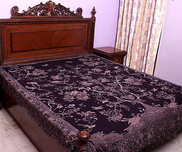 Deep-Purple Double-Sided Jamawar Bedspread with Woven Tree of Life