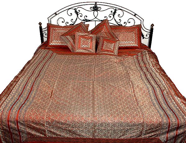 Densely Woven Brown Paisley Bedcover Woven in Banaras