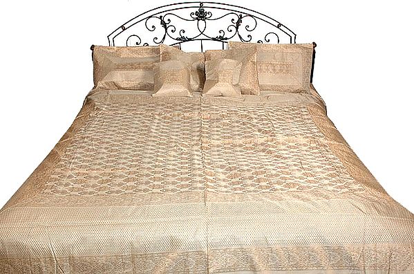 Elegant Ivory and Golden Seven Piece Resham Banarasi Bedcover Woven by Hand in Three Color Threads