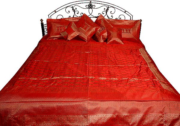 Elegant Rust Seven Piece Resham Banarasi Bedcover Woven by Hand in Three Color Threads