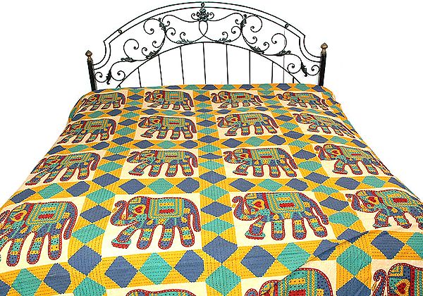 Elephant Printed Bedspread with Kantha Stitch
