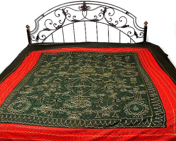 Fern Green and Red Gujarati Bedspread with Embroidery