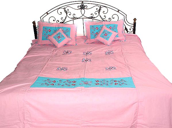 Five Piece Pink and Blue Bedspread with Golden Paint and Floral Embroidery and Mirrors
