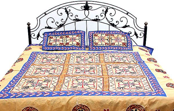 Flax Gujarati Bedspread with Hand-Embroidery All-Over