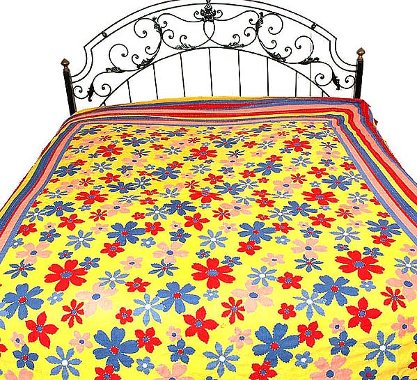 Floral Printed Sanganeri Bedspread with Kantha Stitch