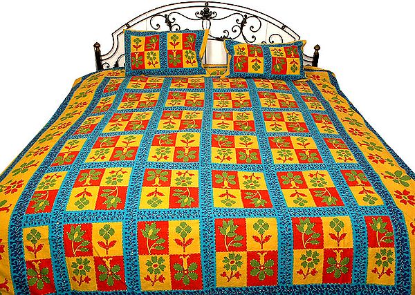Floral Sanganeri Printed Stonewashed Bedspread with Kantha Stitch Embroidery