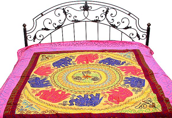 Fuchsia and Yellow Gujarati Bedspread with Appliqué Elephants and All-Over Embroidery