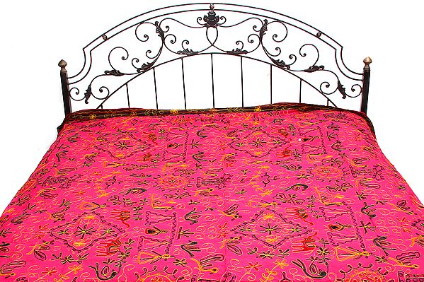 Fuchsia Bedspread with All-Over Ari-Embroidery by Hand