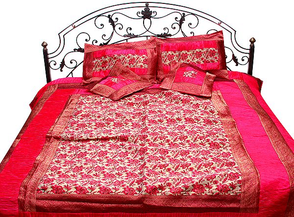 Fuchsia Five-Piece Banarasi Bedspread with Woven Roses All-Over
