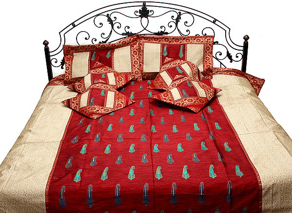 Garnet and Beige Seven-Piece Banarasi Bedcover with Embroidered Paisleys and Brocaded Border