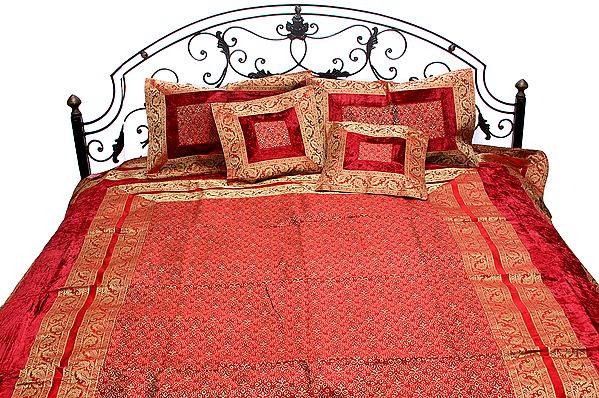 Garnet Red Five-Piece Banarasi Bedspread with Velvet Applique and Tanchoi Weave