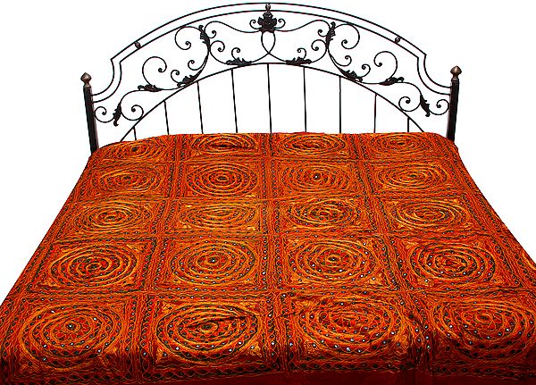 Garnet Rose Kutch Bedcover with All-Over Embroidered Mandalas and Mirrors
