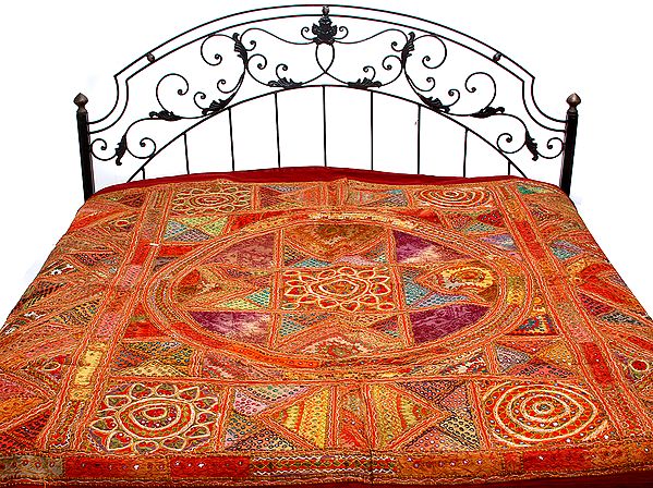 Garnet-Red Bedspread from Kutch with Embroidered Lotuses and Mirrors