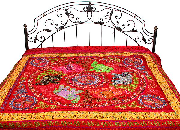Garnet-Red Gujarati Bedspread with Appliqué Elephants and All-Over Embroidery