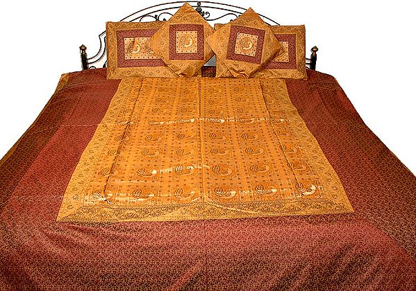 Golden and Maroon Seven-Piece Banarasi Bedcover with Woven Peacocks