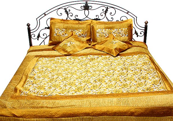 Golden Banarasi Bedcover with Woven Flowers All-Over