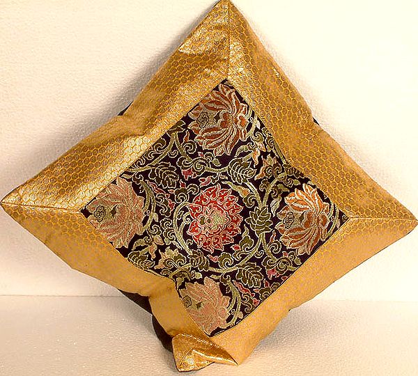 Golden Banarasi Floral Cushion Cover