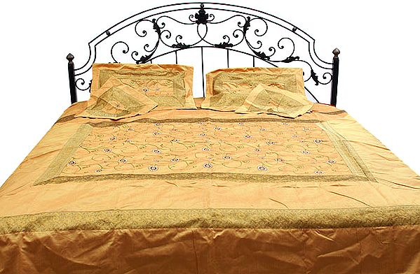 Golden Bedcover with All-Over Embroidered Flowers and Brocaded Border
