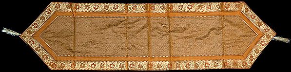 Golden Brocaded Table Runner from Banaras with Tanchoi Weave