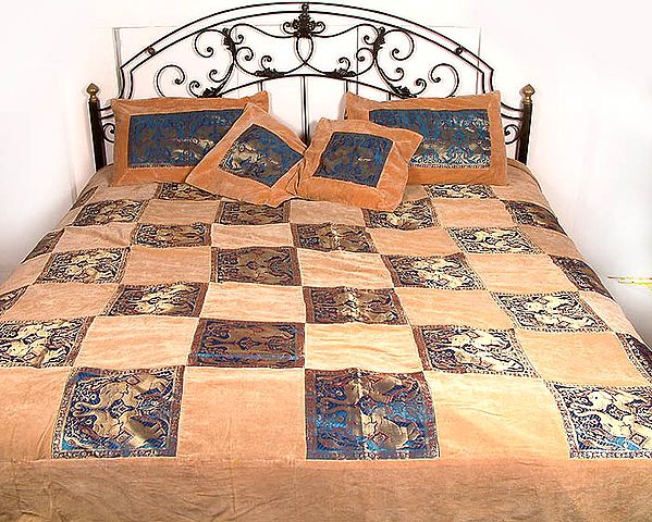 Golden Camel Velvet Bedspread with Elephant Brocade