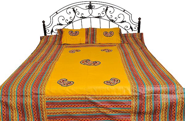 Golden-Yellow Bedspread from Gujarat with Paisley Patches