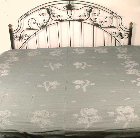 Gray Bedspread from Manipur with Floral Embroidery