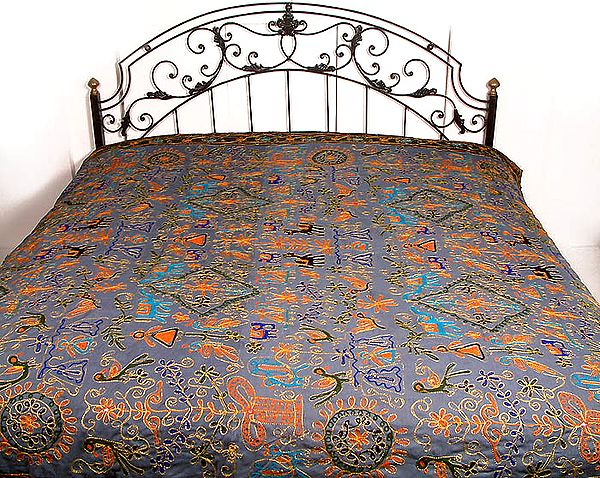 Gray Gujarati Bedspread with All-Over Thread Work