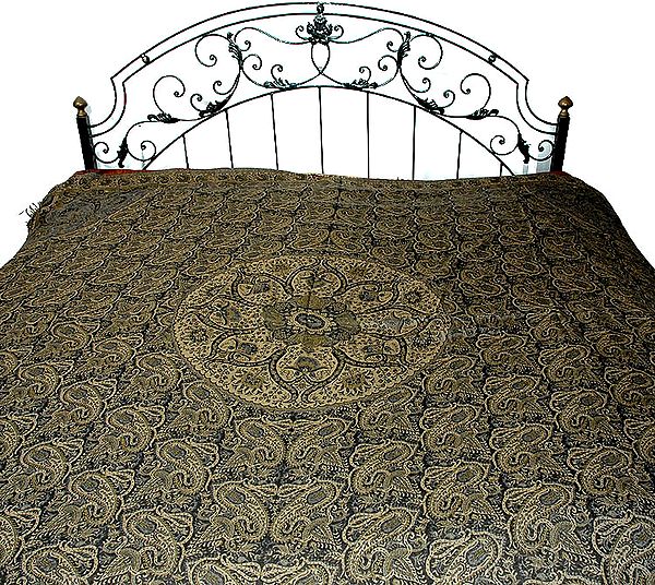 Gray Paisley Jamawar Bedspread with Kashmiri Design